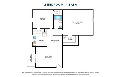 Floor plan for 2 beds, 1 bath, 972 sqft
